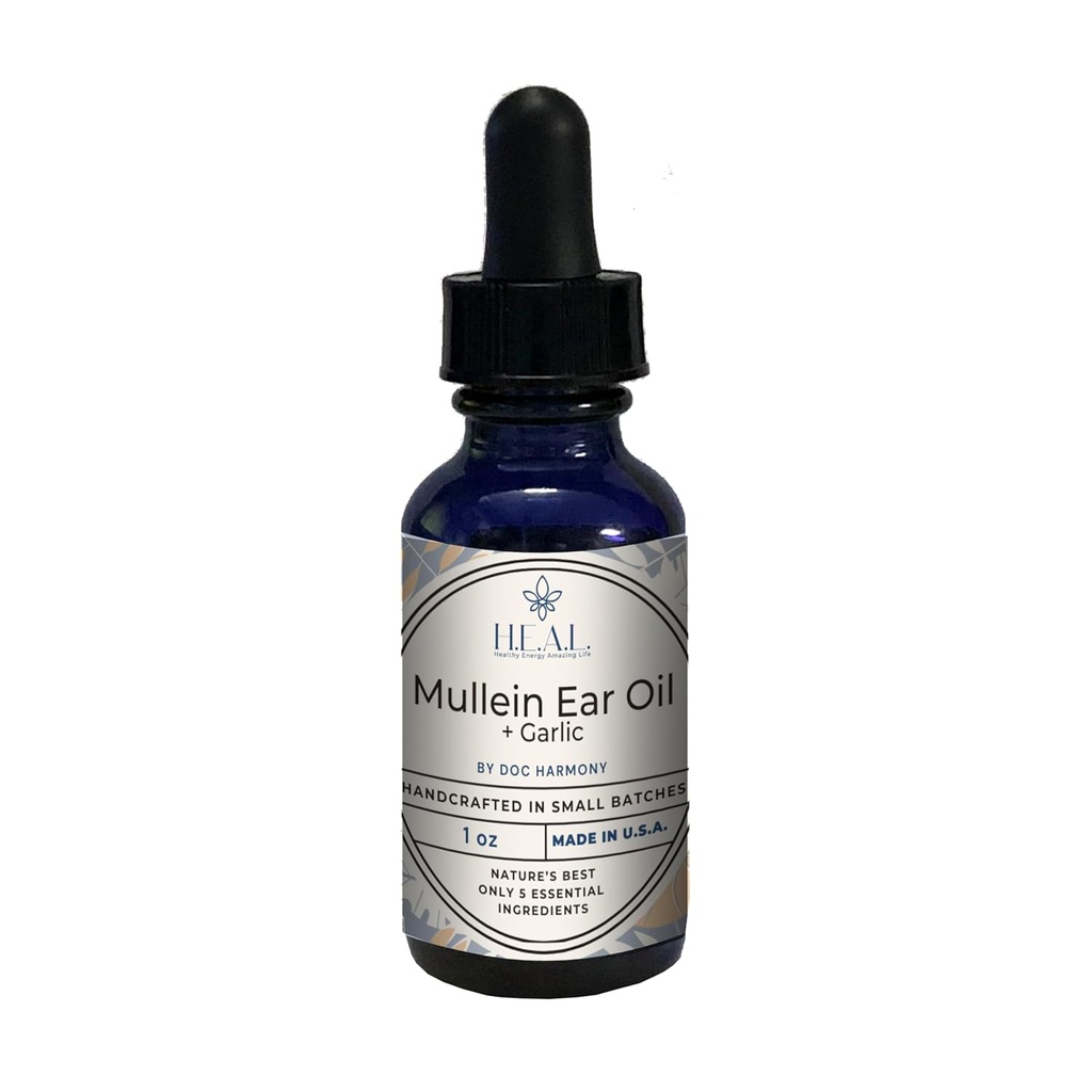 Aceite de oído Mullein de Harmony + Ajo Aceite - 1oz para las orejas secas, picazón