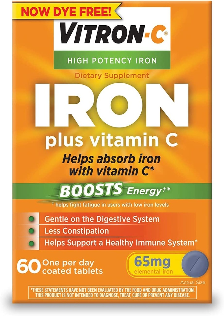 Suplemento de hierro de alta potencia Vitron-C con vitamina C, paquete de 3 (180 contable total)