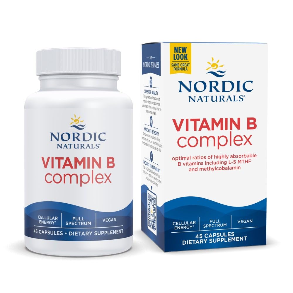 Complejo Nórdico de vitamina B - 45 cápsulas Thiamine, Riboflavin, Niacin, B6 &amp; B12, Folate, Biotin, Pantothenic Acid Heart Brain Health, Energy, Metabolism Non-GMO Servings