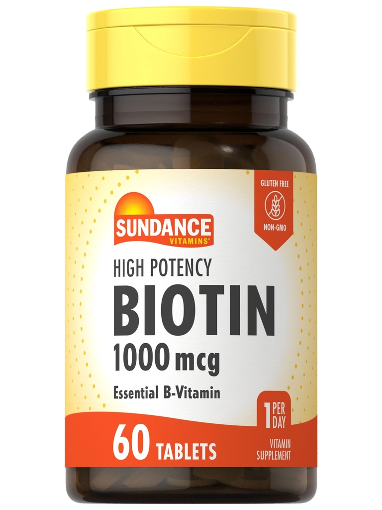 Sundance High Potency Biotin 1000 mcg Suplemento ← Essential B Vitamin Tablets ← Vegetariano, No Gluten Free