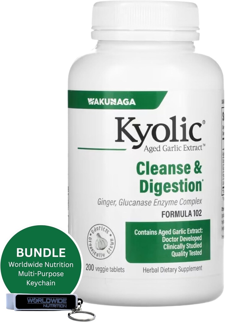 Global Nutrition Bundle: Kyolic Aged Extract 200 Veggie Tablets Fórmula 102 Cleanse & Digestion - Enriquecido con Garlic Ginger Suplemento - 200 Cuentas con Multi-Purpose Cadena Clave