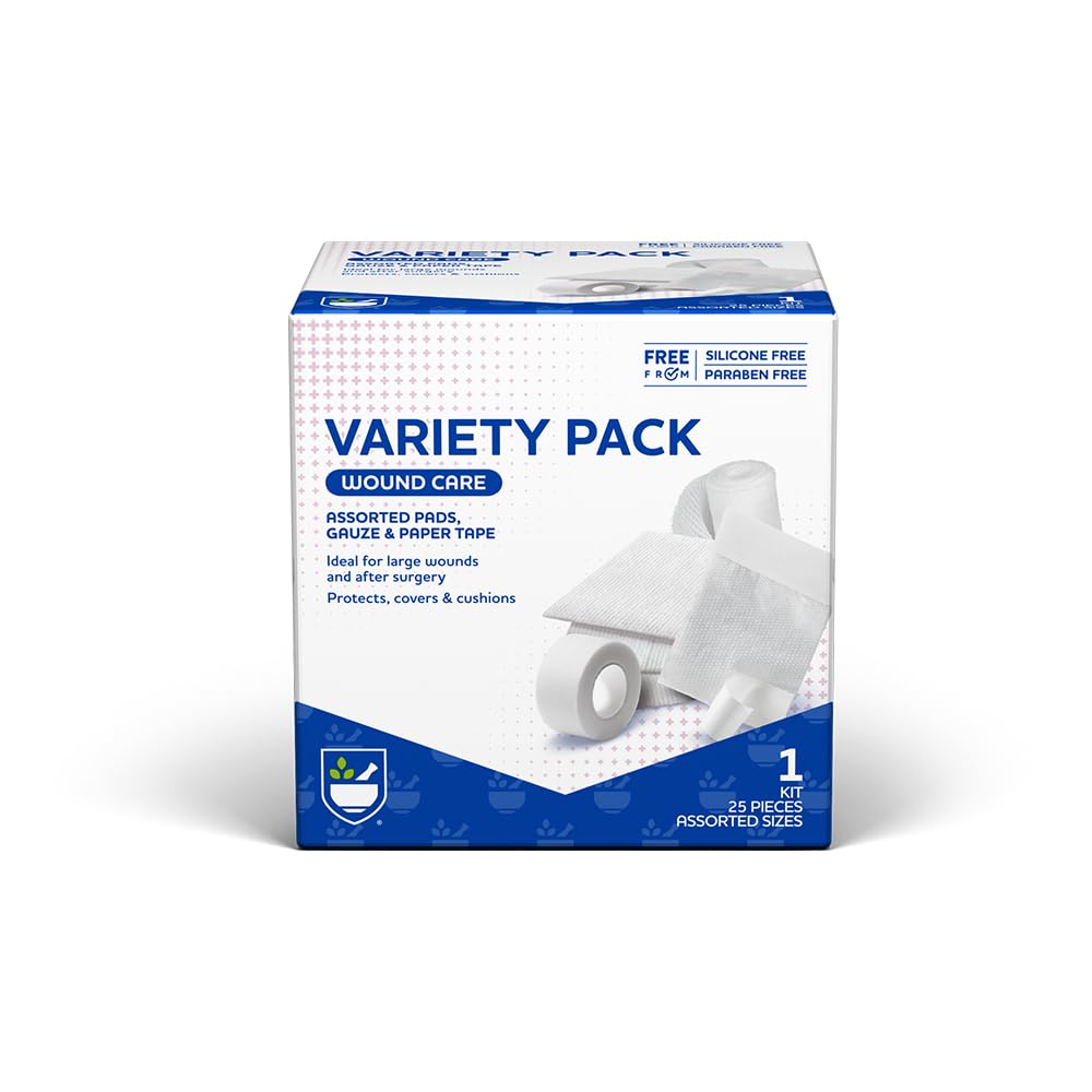 Rite Aid First Aid Gauze Pads, Variety Pack - Incluye 25 Assorted Gauze Pads & Tape TEN Sterile Gauze Pads ANTE First Aid Kit ← Wound Care suministros