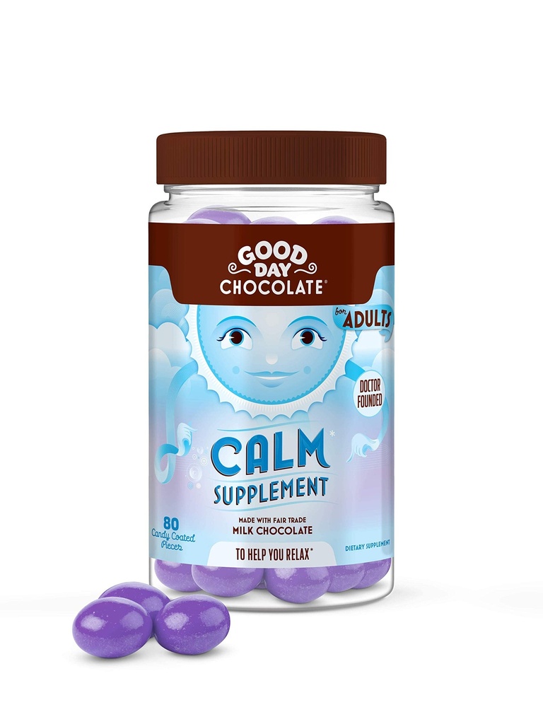 Chocolate de buen día Suplemento de calma natural para adultos, mezcla de camuflaje, teanina, magnesio, comercio justo y chocolate no transgénico, 80 piezas