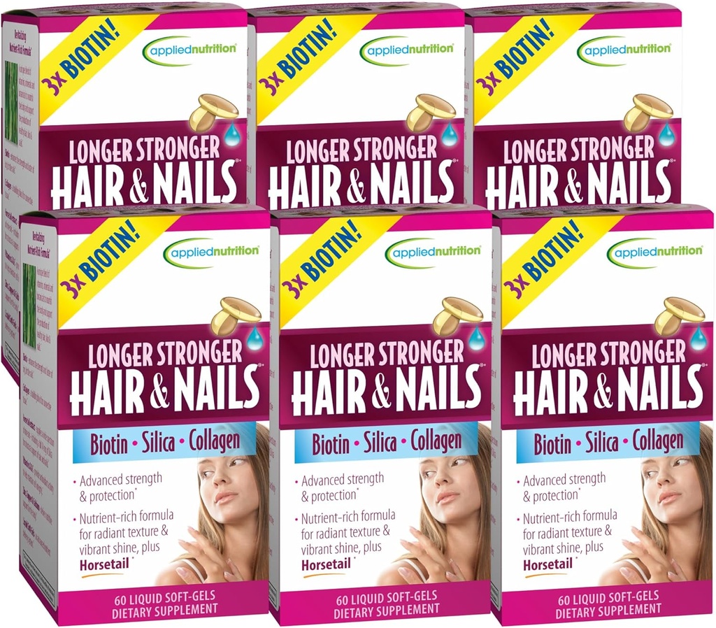 Nutrición aplicada más fuerte cabello &amp; uñas - 60 líquidos blandos geles, paquete de 6 - Biotina, Silica & Collagen - 180 piezas