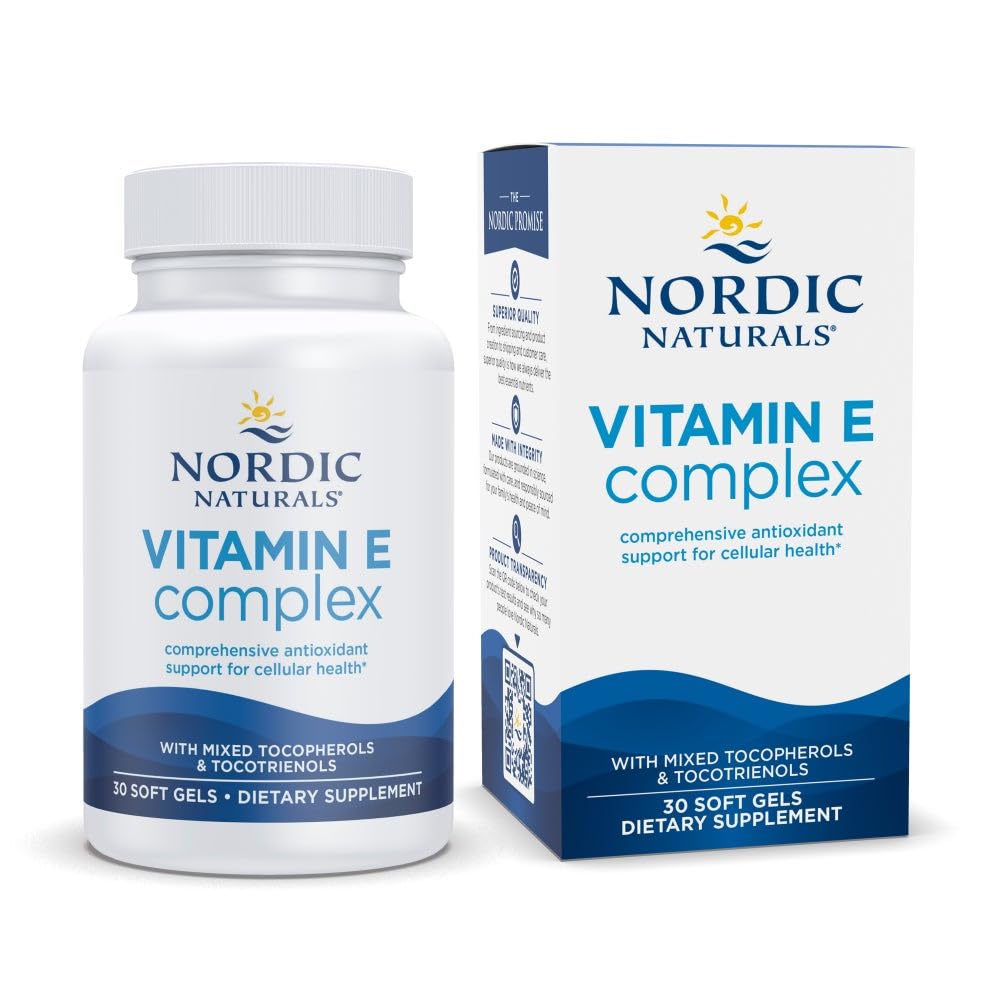 Naturales nórdicos Complejo de vitamina E, sin sabor - 30 geles blandos - 6 formas de vitamina E para soporte antioxidante - Protección celular - No GMO - 30 Actuaciones