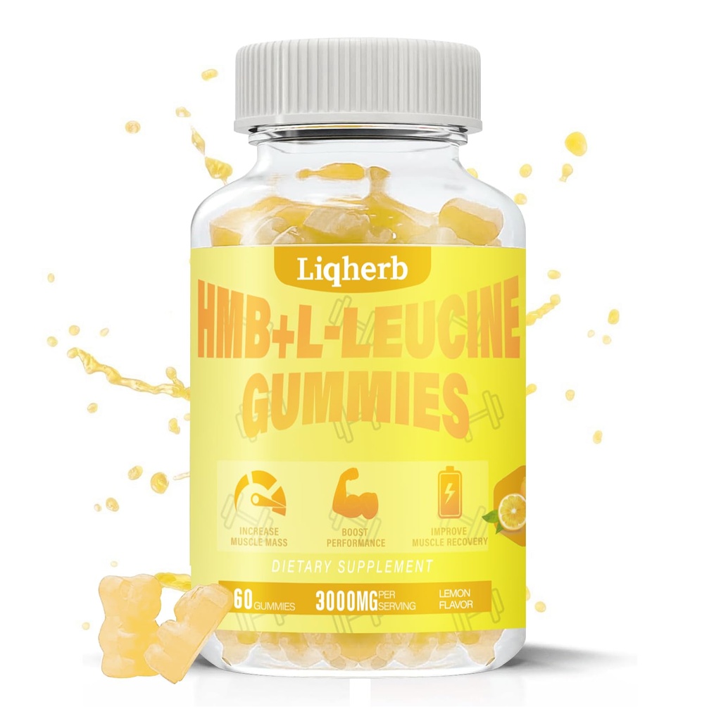 HMB y Leucine Gummies, con 3000mg HMB y L-Leucine Suplemento para la recuperación muscular, Masa muscular " Mejorar la resistencia, para hombres y mujeres, no GMO, Vegan,Gluten Free, Lemon Flavor, 120 Gummies