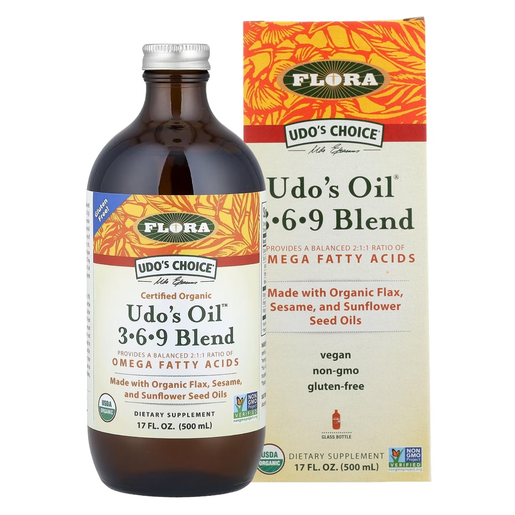 Flora Udo's Oil 3-6-9 Blend - Vegan Omega-3 &amp; Omega-6 Oil - Contiene aceite de coco orgánico, aceite de semilla de Flax &amp; Más - Mantén Chilled - 17 fl. oz.