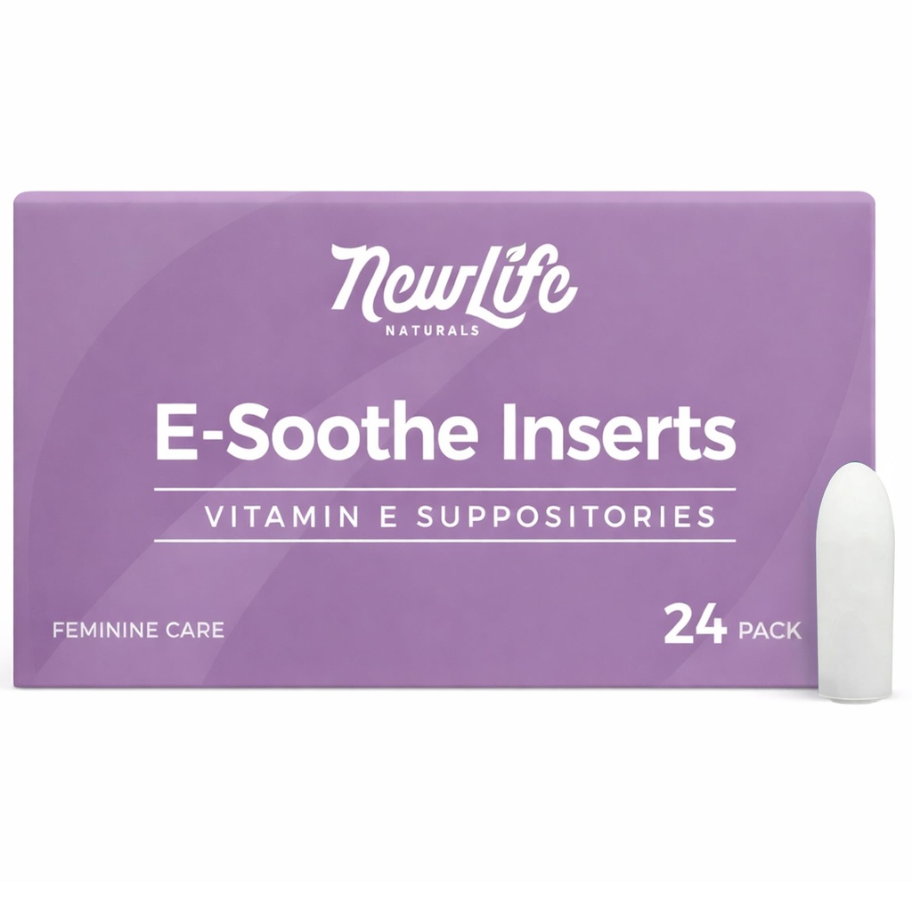 NewLife Naturals Vitamina E Suppositories 38IU - Vaginal Dryness Irritation Menopause Atrophy Relief - All Natural Estrogen Free Feminine Care - 24 Insertos