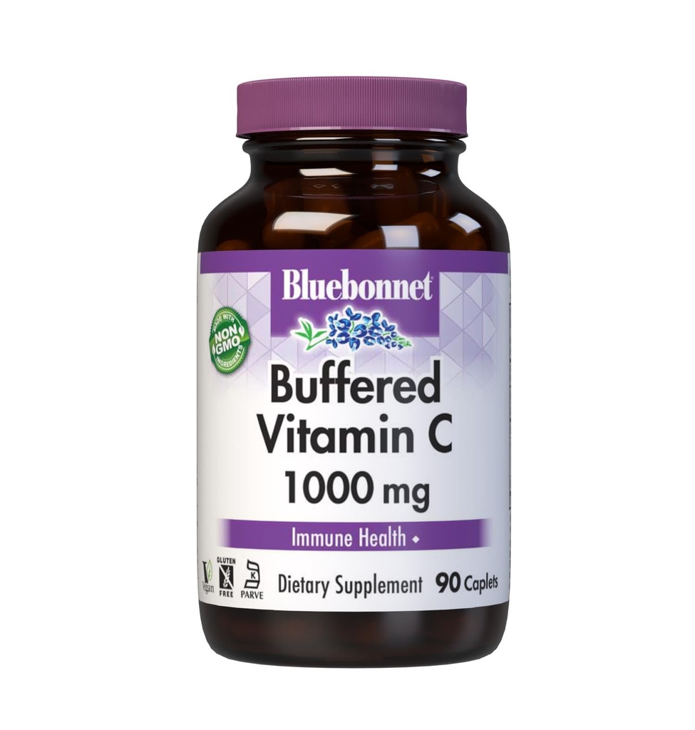 BlueBonnet Nutrition Buffered Vitamin C1000 mg Vegetable Capsules Buffered Calcium Ascorbate for Immune Health Soy Free Gluten Free NonGMO Kosher Dairy Free Vegan Vegetable Capsules, Citrus, 90 Cuenta