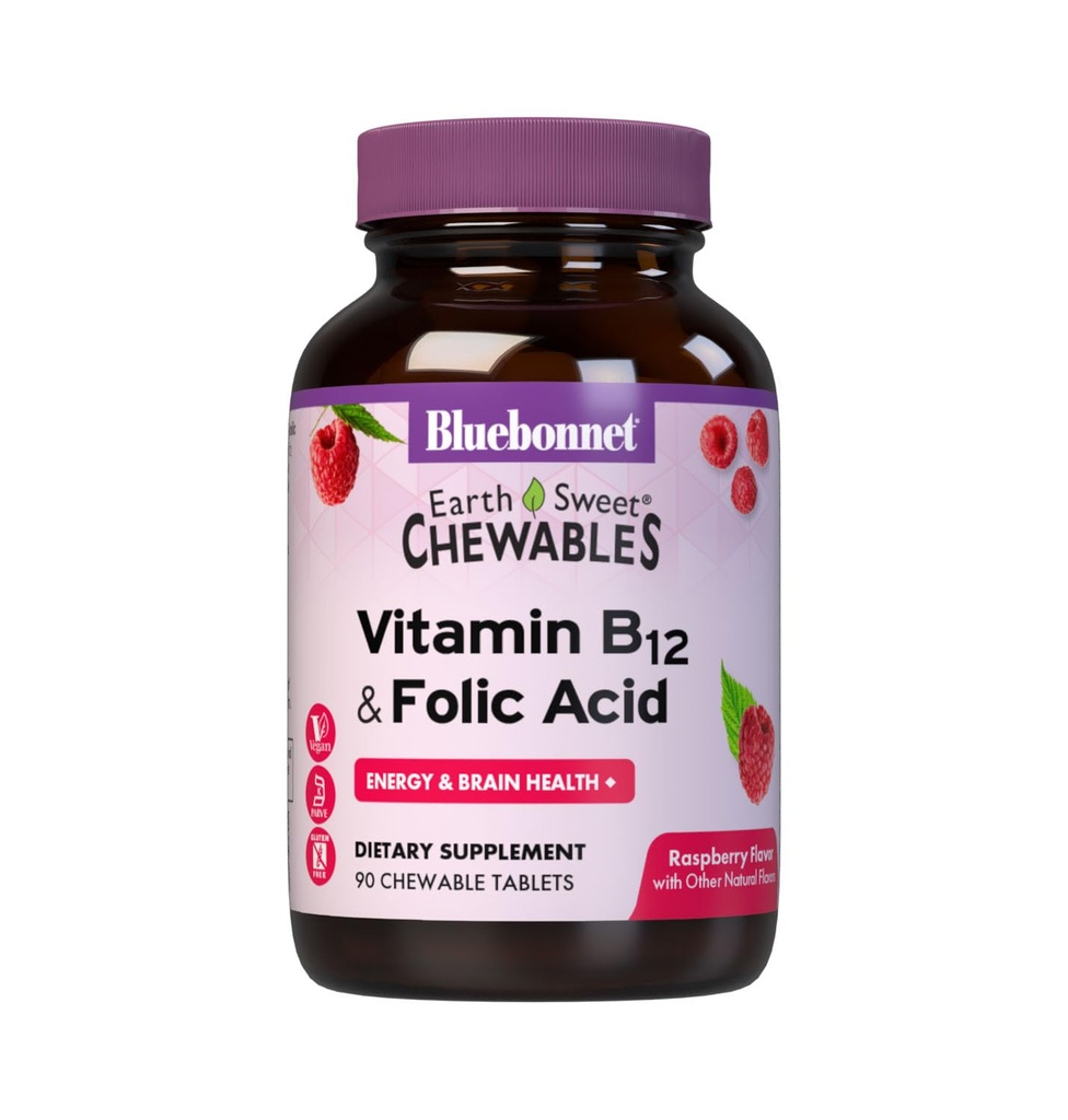BlueBonnet Nutrition Earth Sweet Vitamin B12 &amp; Folic Acid Chewable Tablets, Soy-Free, Gluten-Free, Raspberry 90 Count (Pack of 1)