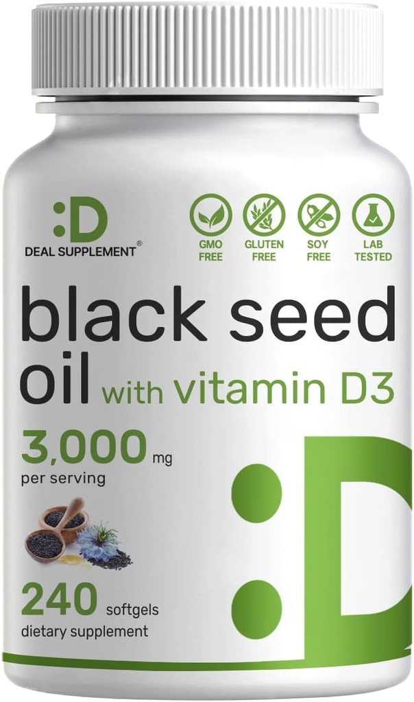 SUPLEMENTO DEAL Aceite de semillas negras, 240 Softgels – Nigella Sativa de precinto frío, naturalmente ocurriendo timoquinona (TQ) – No GMO, No Gluten – Negro Cumino de semillas cápsulas líquidos con vitamina D3