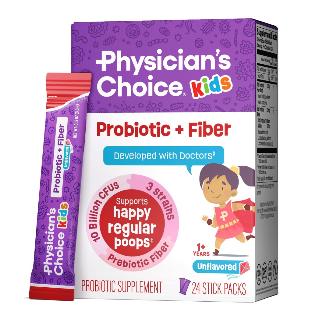 Los niños de la elección del médico Probiótico + Empaquetamientos de fibra prebiótica (Ages 1+) - Apoya la regularidad, el estreñimiento ocasional " Un sistema digestivo saludable - No alérgenos o preservadores - Desflavorado - 24 Pack