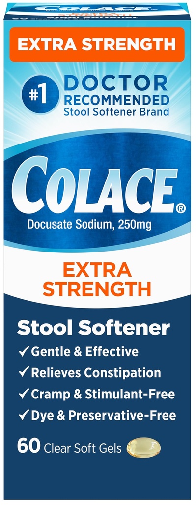 Colace Extra Strength Stool Softener for Gentle Effective Constipation Relief, #1 Doctor Recommended Stool Softener Brand, 250 mg Docusate Capsules, 60 Conde (Pack of 1)