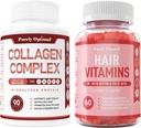 Péptidos multi colágeno puramente óptimos (Tipos I, II, III, V, X) + Vitaminas de pelo Premium Suplemento-Vitaminas de estómago w/Biotina, ácido fólico, vitaminas A