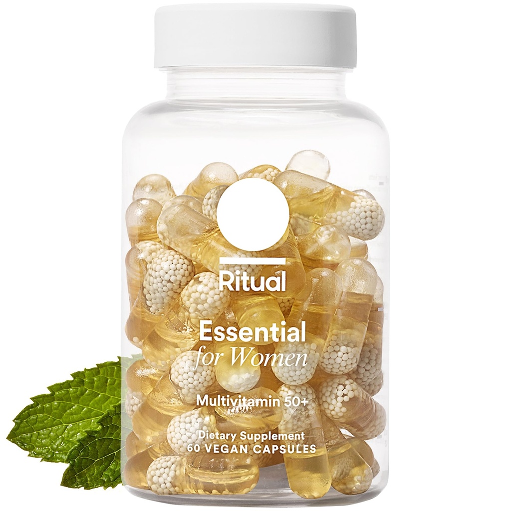Multivitamina ritual para mujeres 50+, Suplementos de menopausia con vitamina D3, K2 y Magnesio para soporte de bonificación*, Omega-3 DHA, Vitamina B12, No GMO, Mint Essenced, 30 Day Supply, 60 cápsulas Vegan
