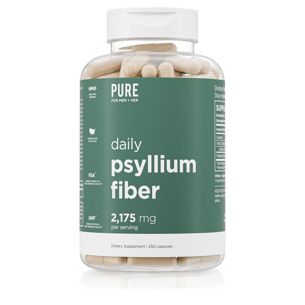 Pure for Men Daily Psyllium Husk Fiber Supplement Pure for her ← Digestive Regularity & Gut Health Support ← Soluble Fiber Powder, 2,175mg Por Serving Ø 250 Capsules