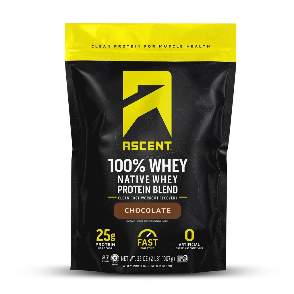 Ascent 100% Whey Protein Powder - Post Workout Whey Protein Isolate, Zero Artificial Flavors &amp; Sweeteners, Gluten Free, 5.5g BCAA, 2.6g Leucine, Essential Amino Acids, Chocolate 2 lb