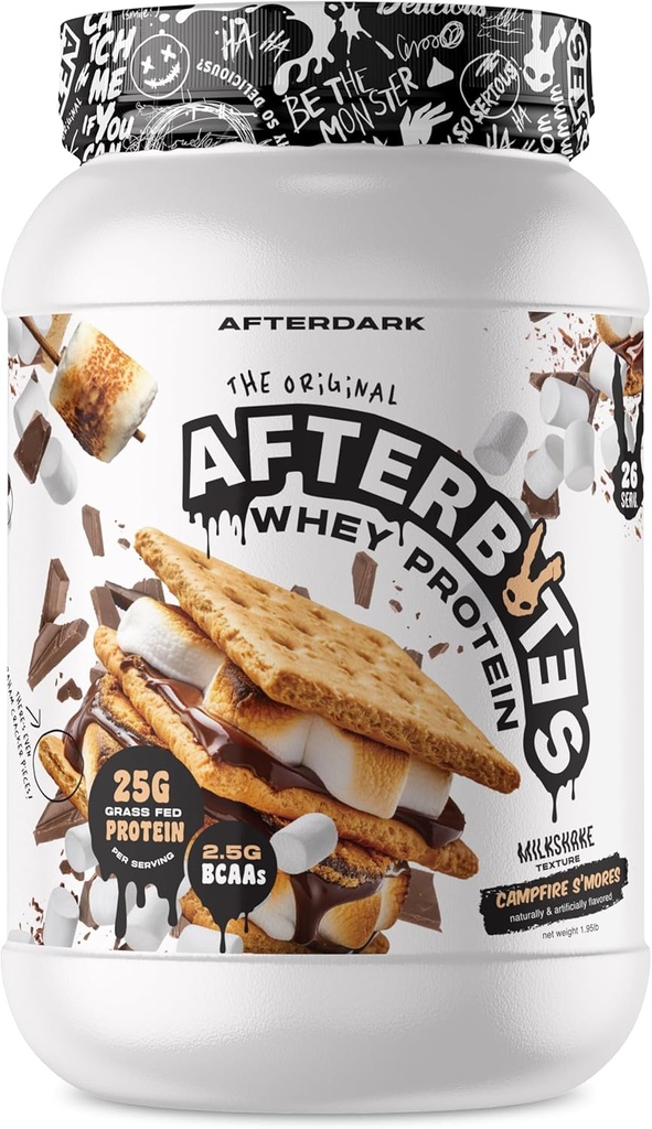 AFTERDARK AfterBites Whey Protein Powder, 25g Protein, 4.5g BCAA's, Easy Dissolving, No Artificial Colores o Fillers, Isolate Protein, USA Made, 26 Servings, Campfire Smores