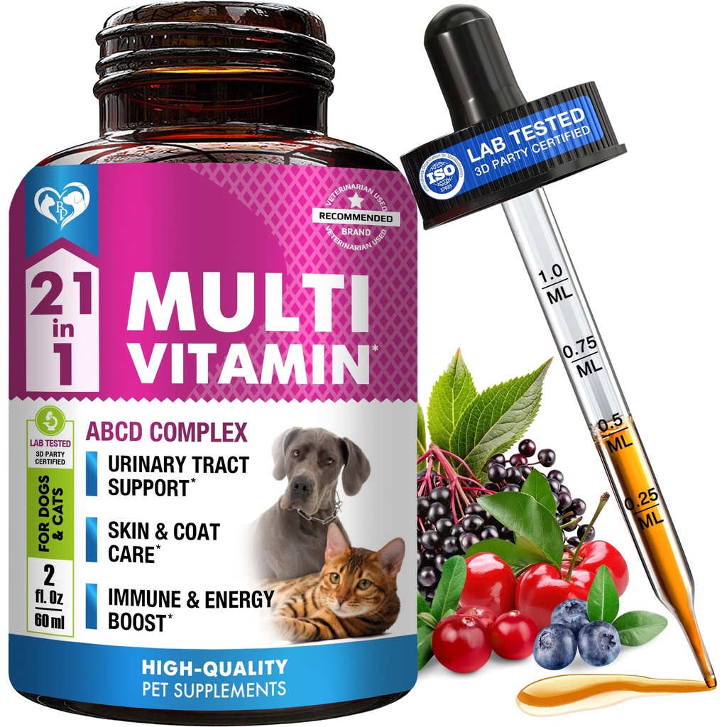Cat &amp; Dog Multivitamin Liquid with Glucosamine & Cranberry ← 15 en 1 Health Supplements for Urinary Tract Kidney, Bladder, Hip &amp; Joint, Skin & Coat ← Natural UTI Medicine Made in USA (60 ml)