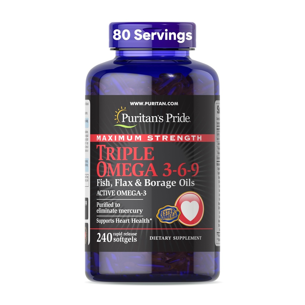 Pride Premium Maximum Strength Triple Active Omega 3-6-9 Fish, Flax y Borage Oils, Suplemento dietético para Heart, Joint y Cellular Health Support, 240 Rapid Release Softgels