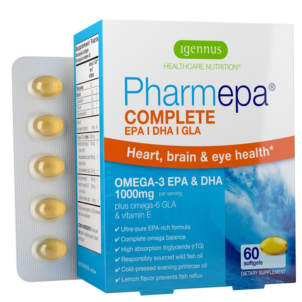 Igennus Pharmepa Complete EPA 668mg &amp; DHA 334mg Omega-3 Fatty Acids 1000mg, IFOS Certified, rTG Form, High Potency Fish Oil Plus Omega-6 > 9 de GLA Evening Primrose Oil, Lemon Flavor, 60gels