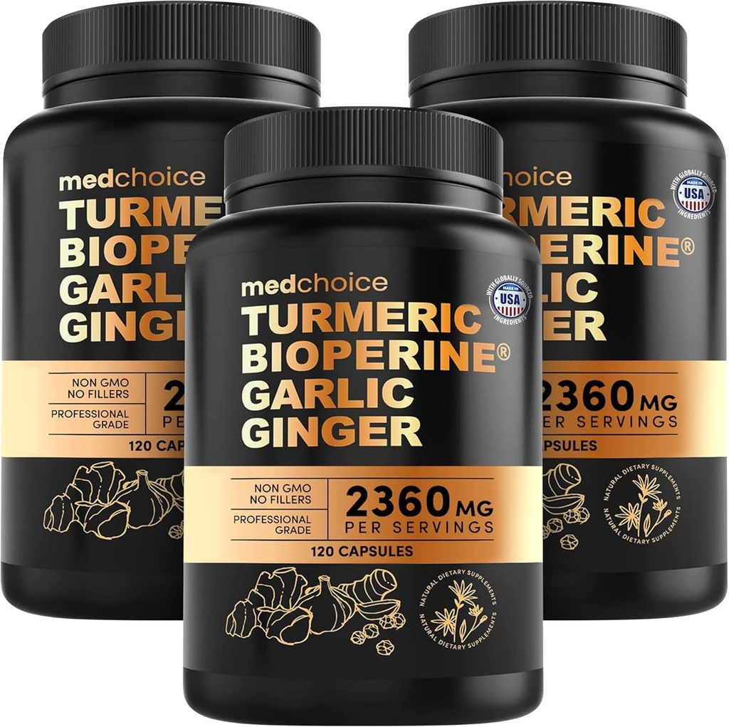 Suplementos Turméricos y Ajo 4-en-1 con BioPerine – 2360mg Tormáric Ginger Root Capsules con Ajo – High Potency Herbal Blend (120 ct, Pack de 3)