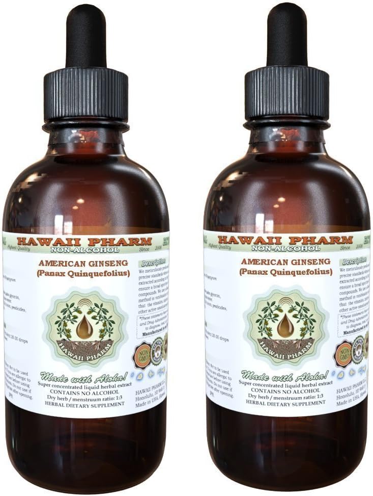 American Ginseng Alcohol-Free Liquid Extract, Ginseng (Panax Quinquefolius) Dried Root Glycerite Hawaii Pharm Natural Herbal Suplemento 2x4 oz