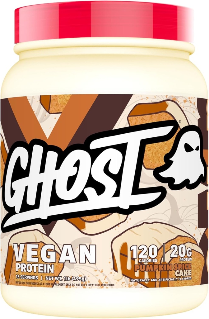 GHOST Vegan Protein Powder, Pumpkin Spice Cake - 1LB Tub, 20G de Proteína - Plant-Based Pea, Organic Pumpkin &amp; Watermelon Seed Protein Blend - ­Flavored Post Workout Shakes - Soy &amp; Gluten Free