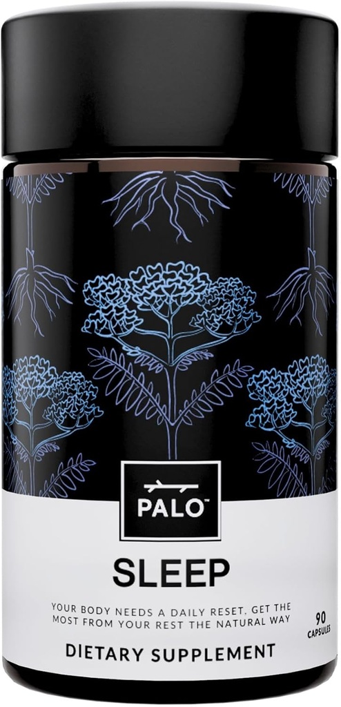 PALO Sleep &amp; Stress Support – Suplemento Vegan Libre de Melatonina con raíz orgánica de Valeria, L-Theanine, Magnesium, Chamomile, Lemon Balm &amp; Passionflower – 90 cápsulas