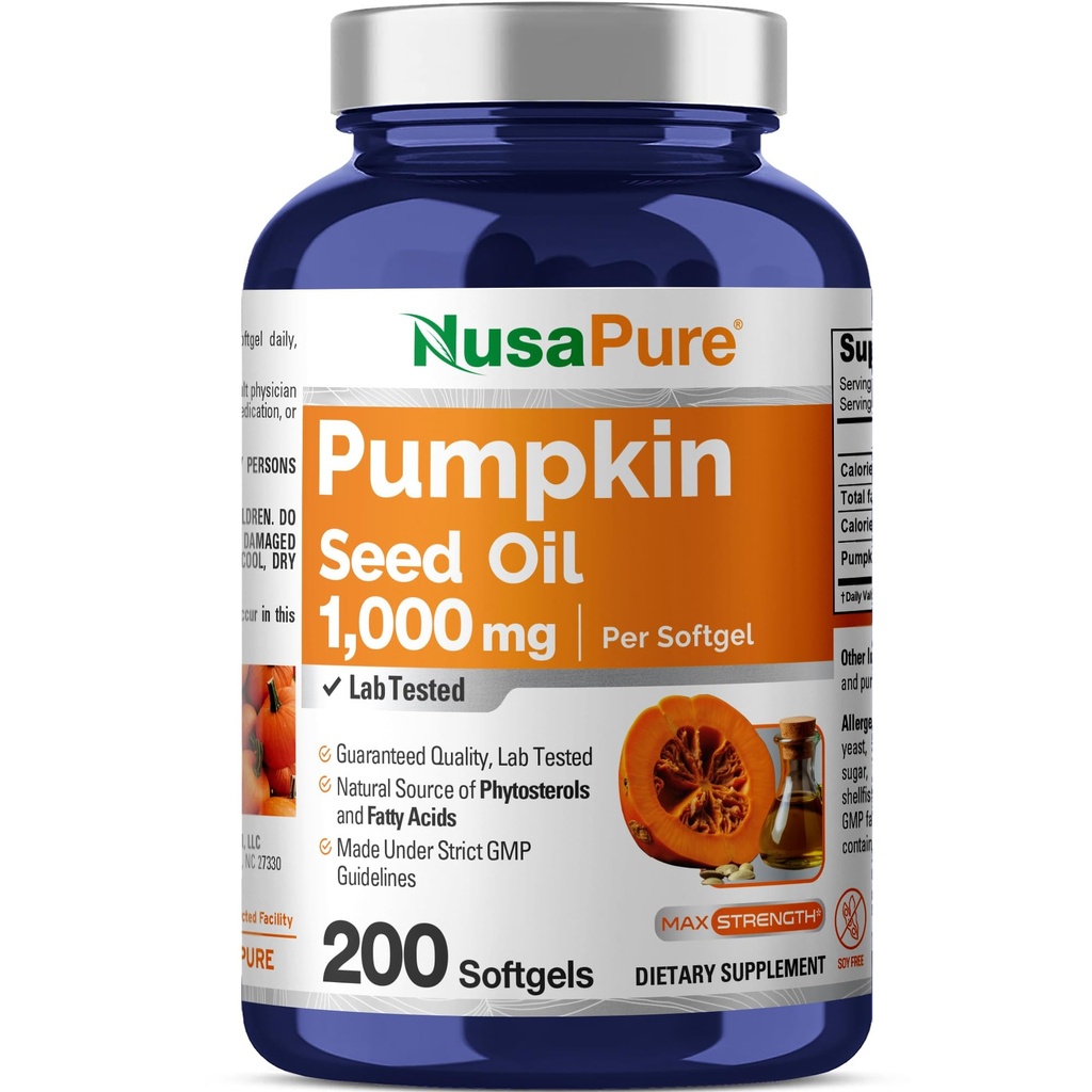 NusaPure Pumpkin Seed Oil 1000mg 200 Softgel Capsules (no-GMO, libre de soja) Naturalmente Occurring Phytosterols