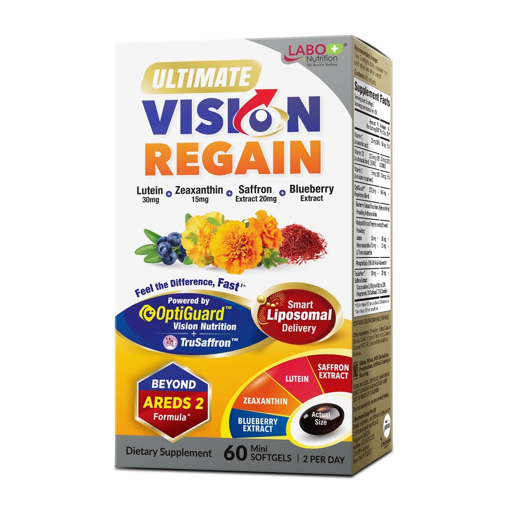 LABO Nutrition Ultimate VisionREGAIN, Vitamina Ocular Más allá de AREDS 2 Fórmula con Lutein, Zeaxanthin, Saffron Extract, Blueberry for Macular and Retinal Health, Eye Fatigue, Night Vision Support 60 Condes