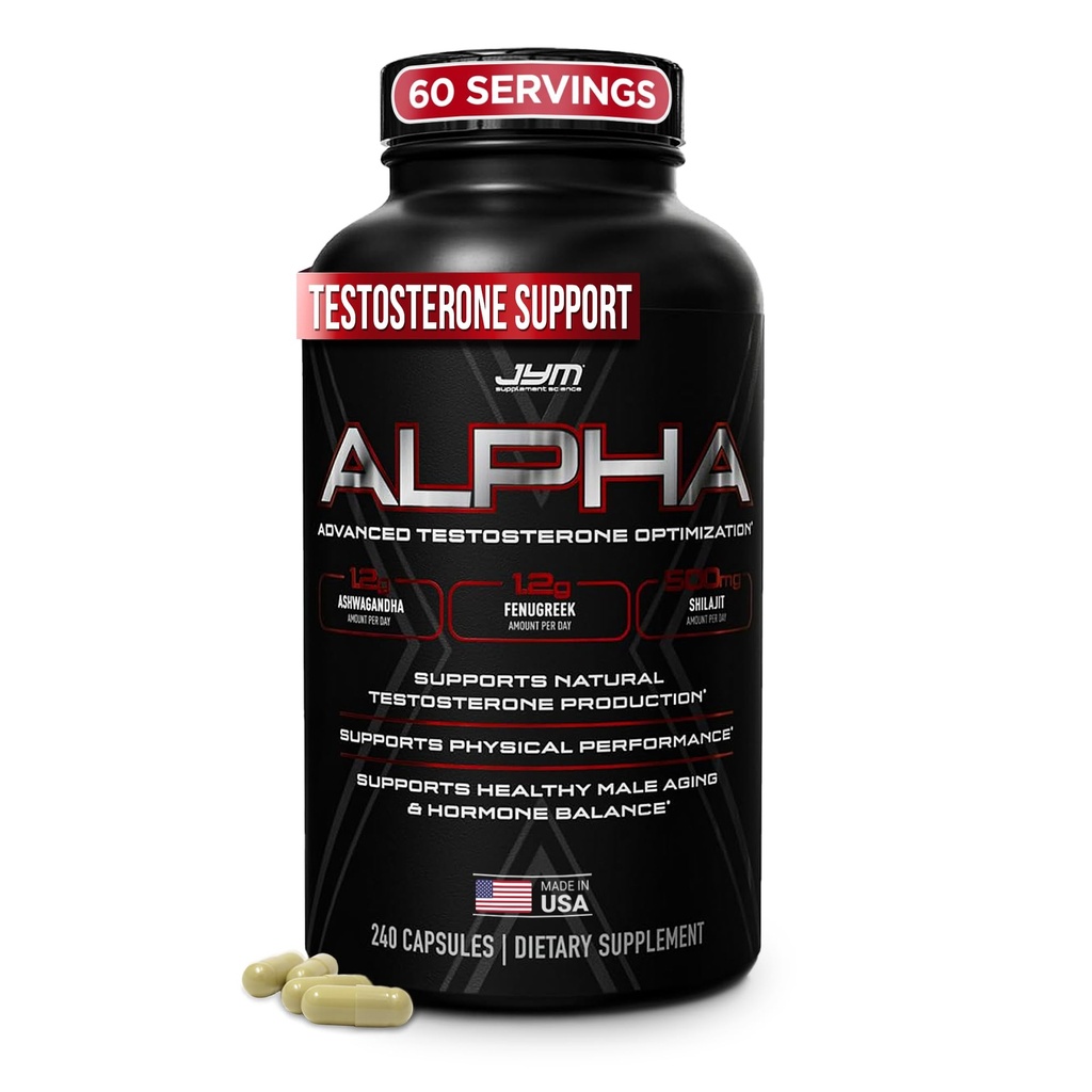 Alpha JYM X Optimización avanzada de hormonas, vitalidad, optimización, DHEA, Ashwagandha, Boron, Shilajit, Fenugreek, Eurycoma, Damiana, Quercetin, DIM, JYM Ciencia suplementaria, 240 cápsulas