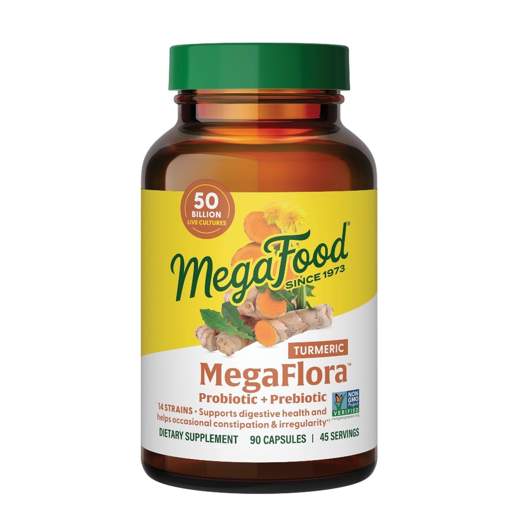 MegaFood MegaFlora Probióticos + Prebióticos Suplemento Turmérico - Prebióticos y Probióticos para Mujeres y Hombres, Salud Digestiva, 50 Billones CFUs, 14 Strains - 90 Capsules (45 Servimientos)