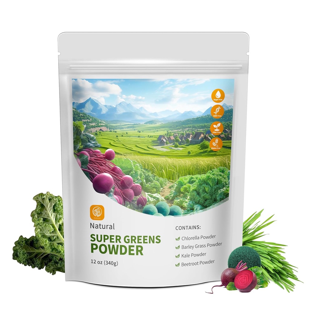 Hudetex Greens Powder Superfood for Immune Support with 12 oz,Greens Powder Smoothie Mix with Chlorella, Barley Grass, Kale &amp; Beetroot Smoothie Booster, Chlorophyll Provide Greens.