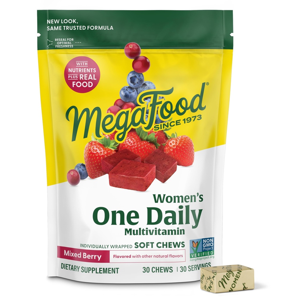 MegaFood Women's One Daily Multivitamin Soft Chews - Multivitamina para Mujer con Folate, Vitamina B6, B12, Biotina, Vitamina D - Delicious Mixed Berry Flavor - Vegetariano, No GMO - 30 Chews