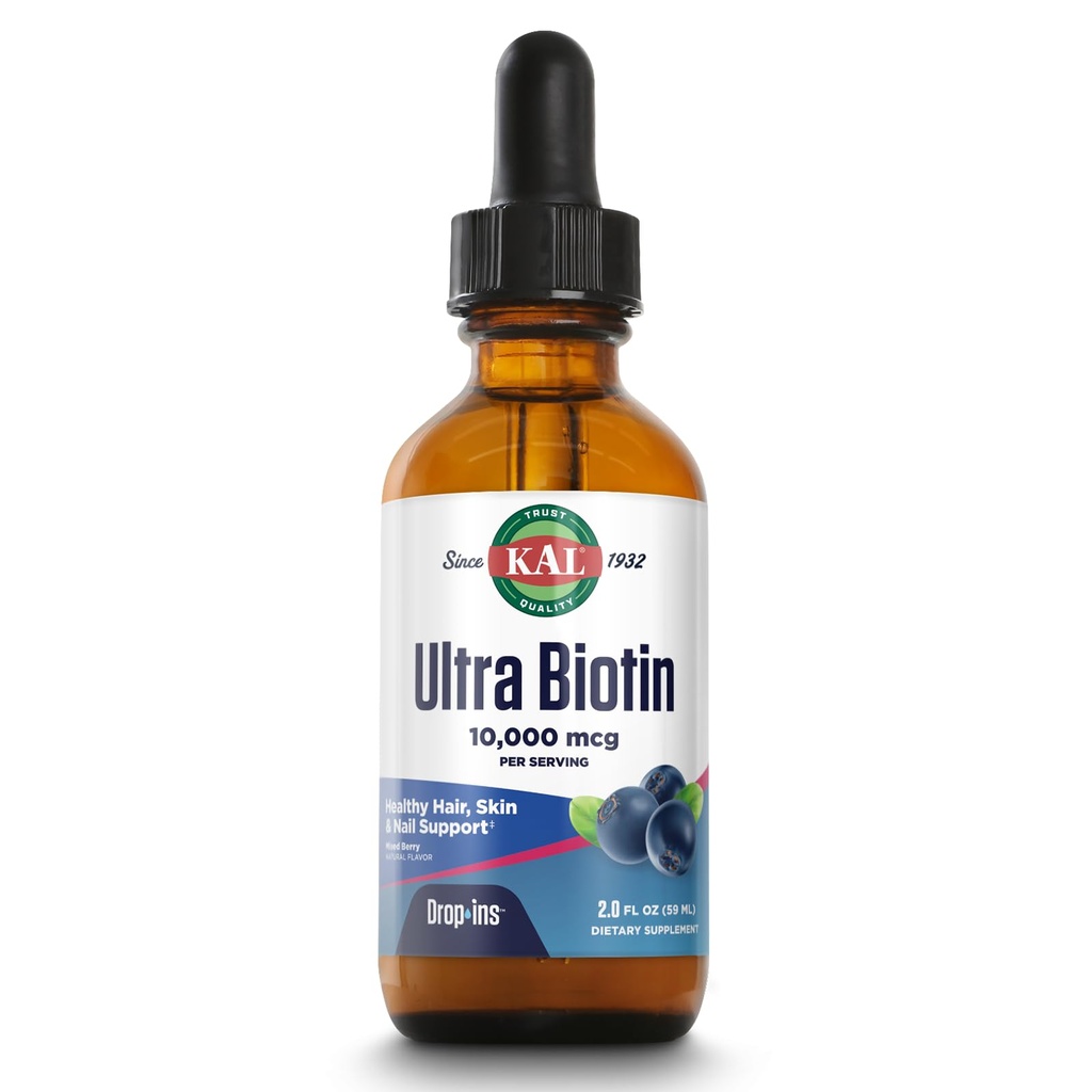 KAL Ultra Biotin 10000mcg DropIns, gotas de biotina líquida, suplemento de crecimiento del cabello, alta potencia vitamina B7, cabello saludable, piel, uñas y apoyo energético, sabor de baya mezclada natural, aprox. 59 Serv, 2oz