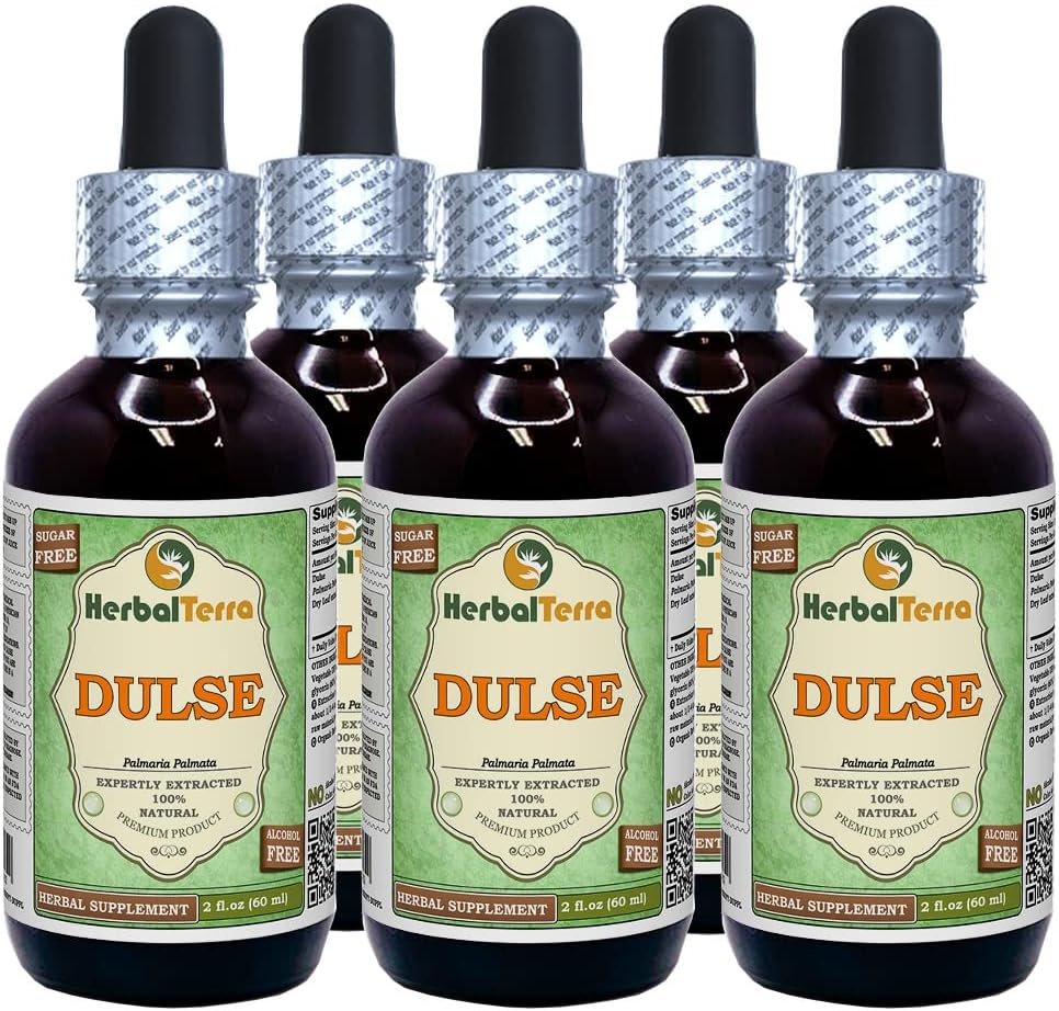 Dulse (Palmaria Palmata) Glicérite, hojas orgánicas secas Extracto líquido libre de alcohol (Nombre de la marca: HerbalTerra, Proudly Made in USA) 5x2 fl.oz (5x60 ml)