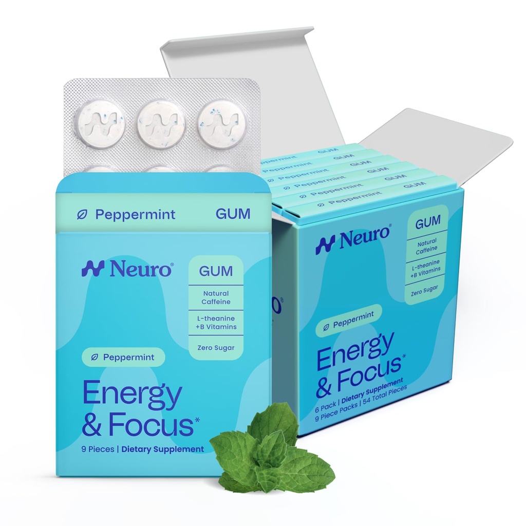 NeuroGum Energy & Focus Gum (54 Count-6 Pack, Peppermint) ← 40mg Natural Caffeine + L-Theanine + Vitamin B12 &amp; B6 + Xylitol ← Sugar Free Nootropic Cognitive Brain Performance Suplemento