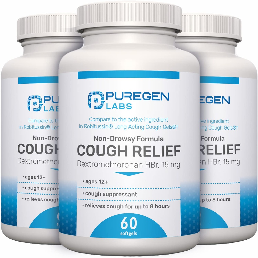 P Puregen Labs Cough Relief for Adults Dextromethorphan HBr 15mg  8-Hour, Non-Drowsy, Larga duración Bronchial Suppressant ← Edades 12+ Silencio Comparar con Robafen y Robitussin - 3 Pack Silencio Total 180 Softgels