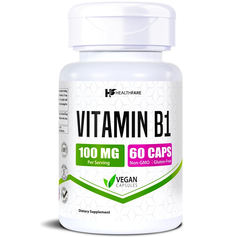 Healthfare Vitamina B1 100mg tención 60 Capsules ← Suplemento Thiamine tención Apoyos generales Salud Silencio No-GMO Silencio Gluten Gratis (60 cápsulas)