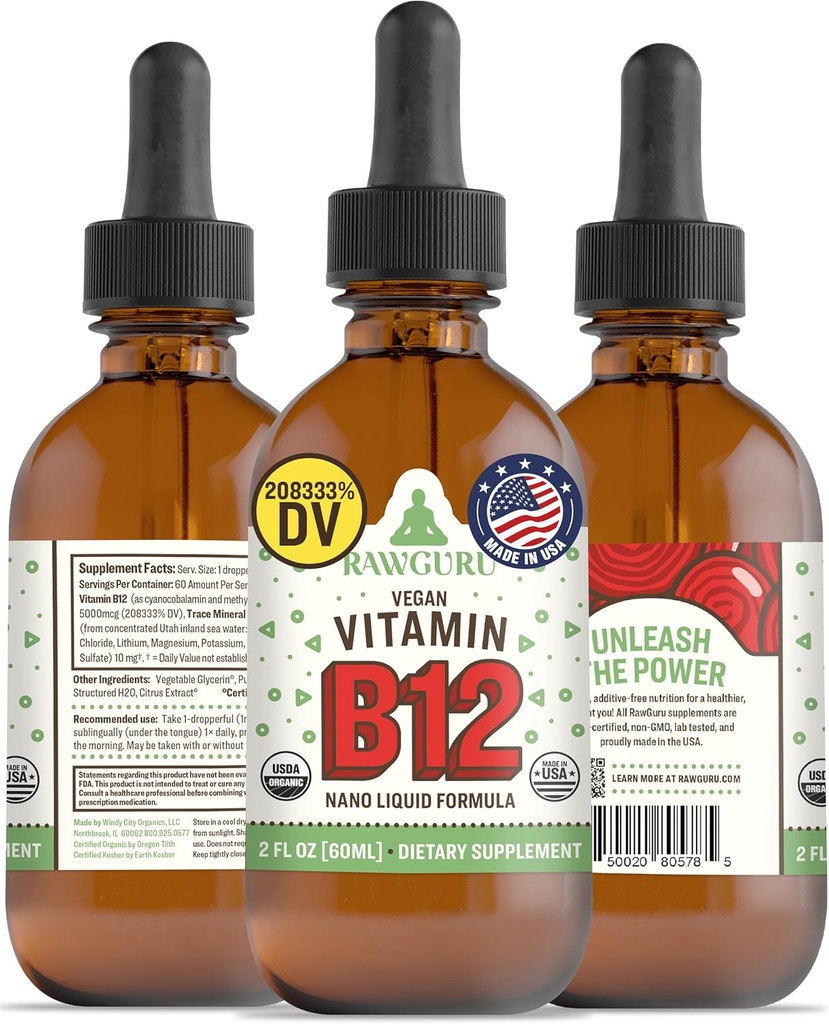 RawGuru Vitamina B12 Liquid Supplement - Organic Vegan Liquid B12 with Trace Minerals - Nano-Proceso Antioxidante &amp; Immune Support Suplemento Tintura - 60 Servimientos de gotas Veganas por 60 ml, Pack de 1