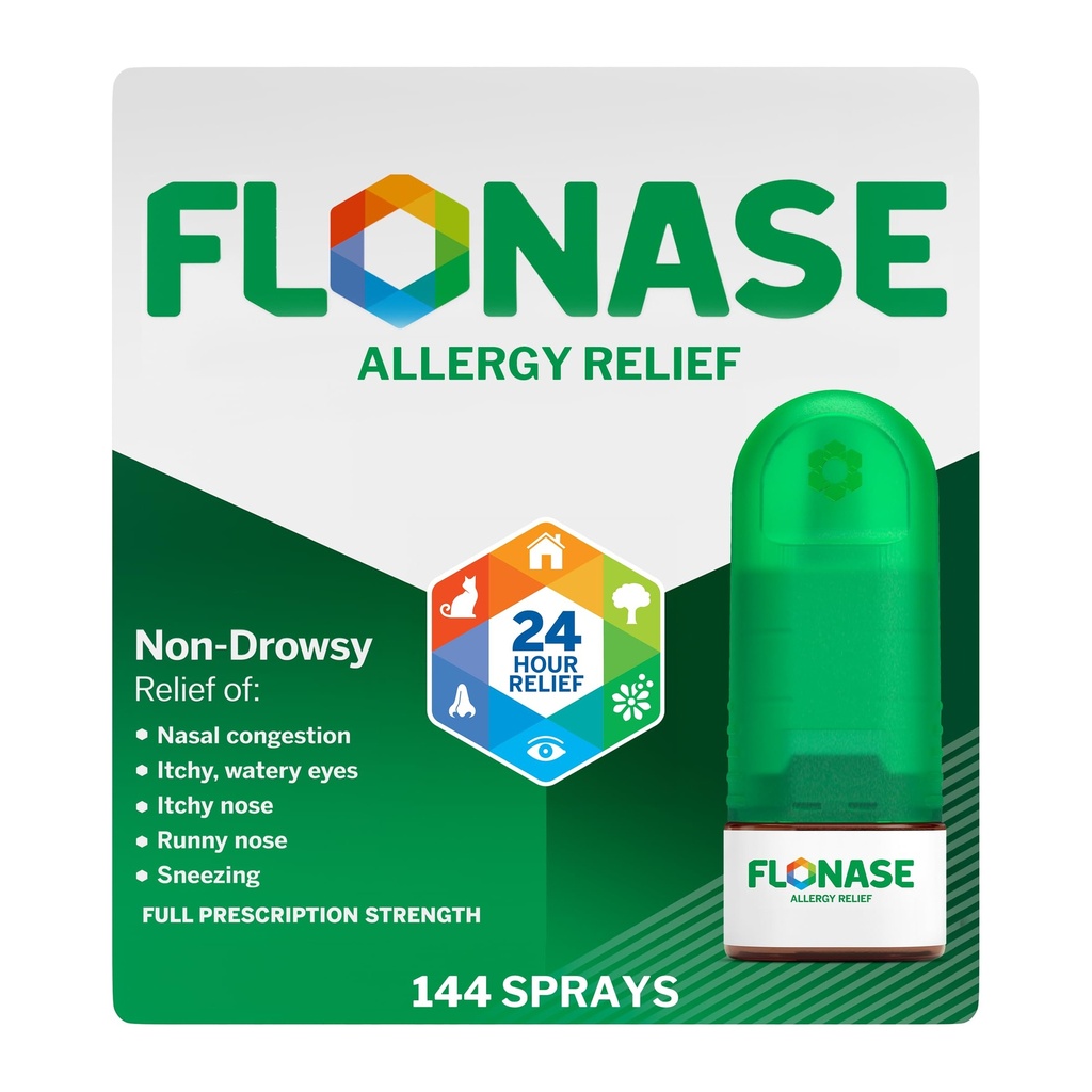 Flonase Alivio de la Alergia Nasal Spray, 24 horas Medicina de la Alergia No Drowsy, Metered Nasal Spray - 144 Sprays- Fall y Alivio de la Alergia Estacional