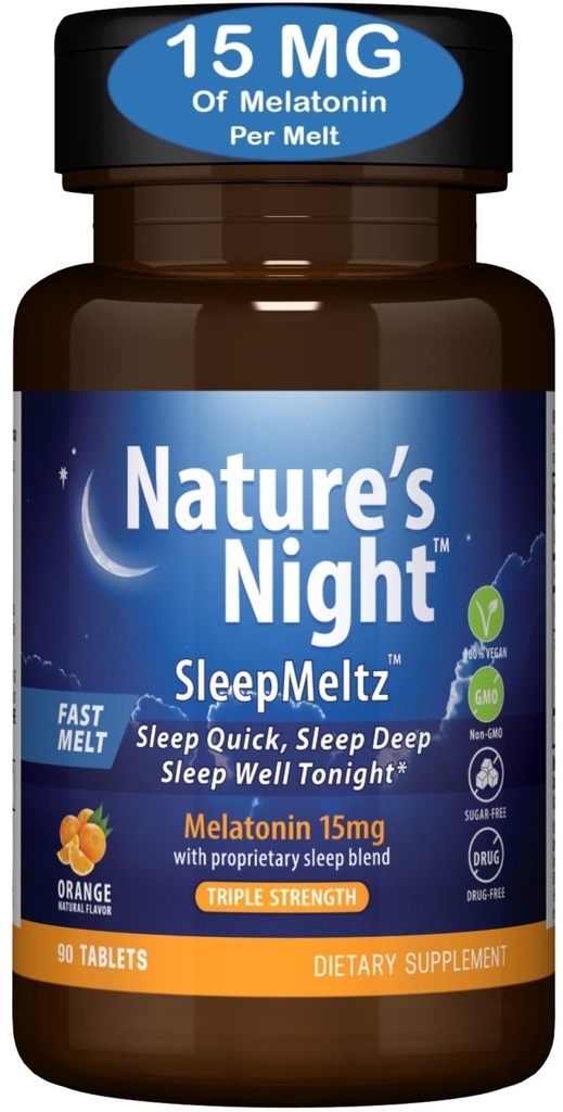 Night Triple Strength Quick Dissolve Melatonin 15mg with Supportive Blend ← Natural Orange Flavor ← 90 Conde ← Sugar Free, Vegan, Non-GMO, Drug Free