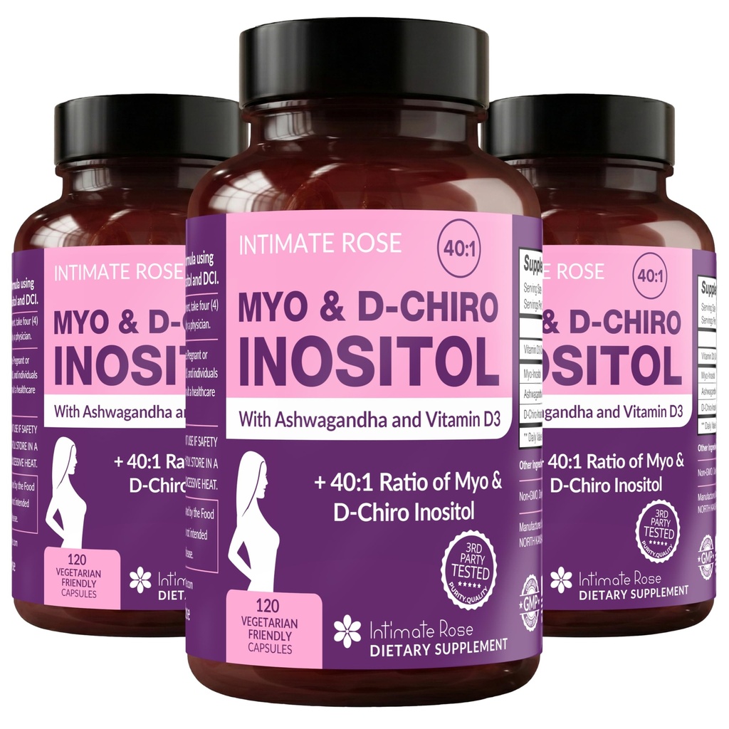 Intimar Rose Myo-Inositol & D-Chiro Inositol Blend - 40:1 Blend Ratio - Apoyo diario de la mujer - Vitamina D &amp; Ashwagandha, 3 Botellas
