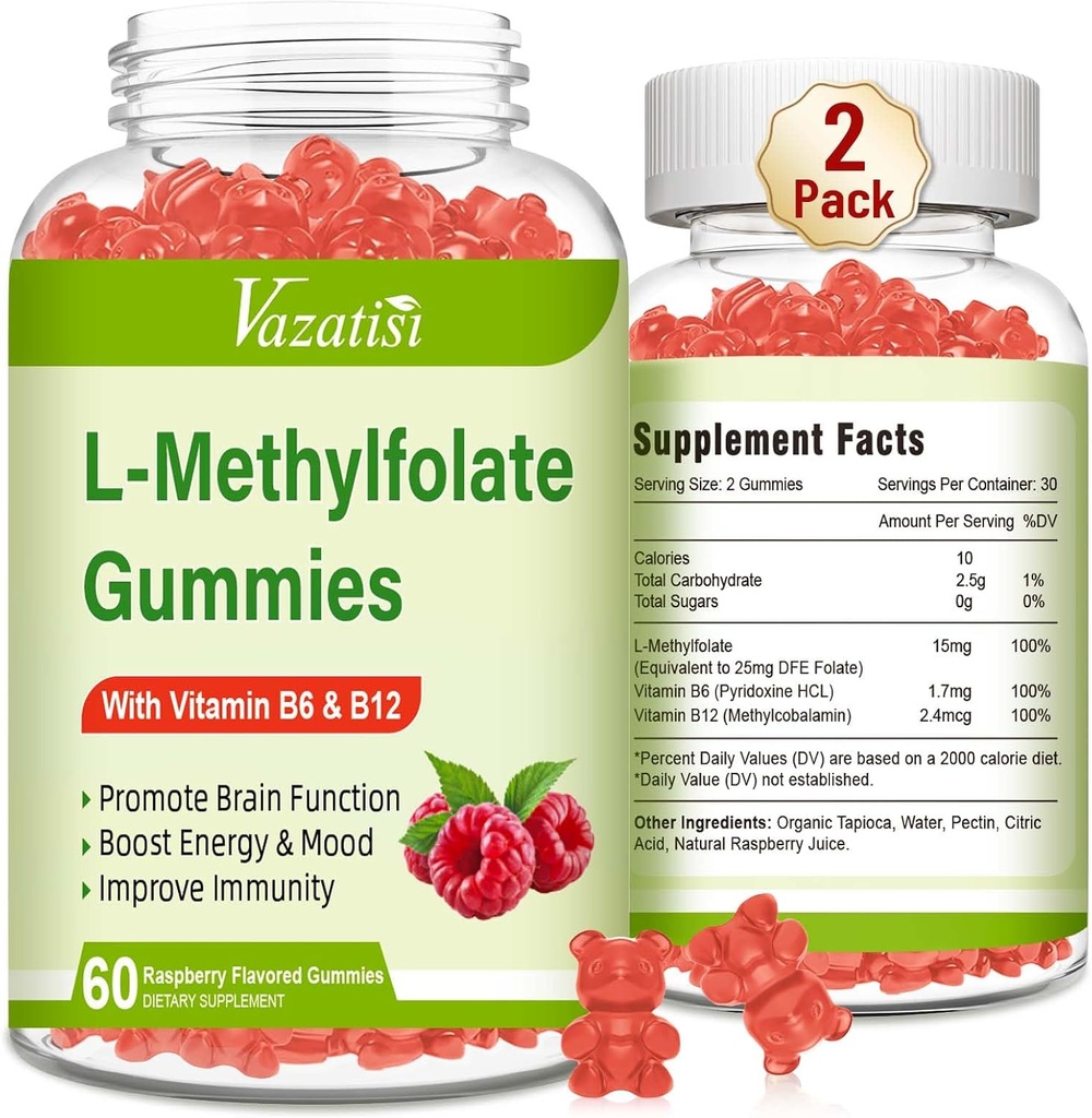 L-Methylfolate 15 mg Gummies with Methyl B12, Folate Supplement for Mood, Brain Health, Immune Support, Raspberry Flavor, 120 Conde