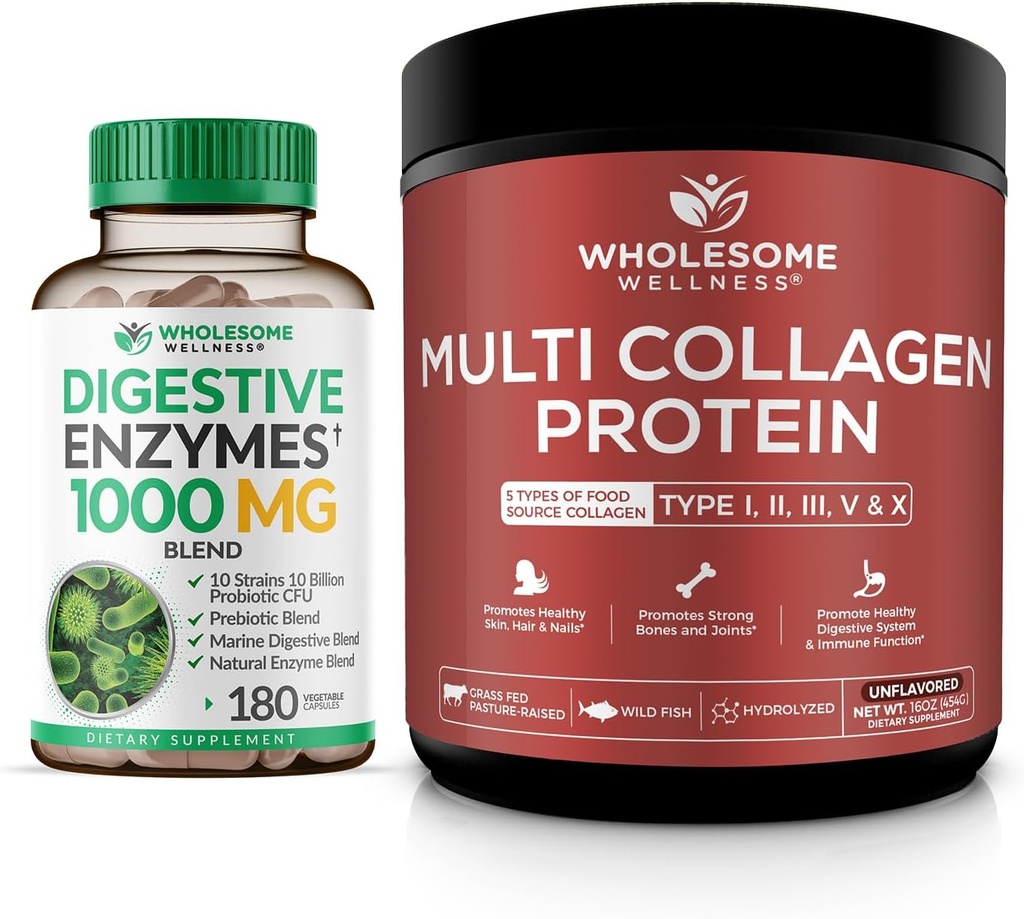 Total Wellness Digestive Enzymes 1000MG Plus Prebiotics &amp; Probiotics Suplemento + Multi Collagen Protein Powder Hydrolyzed (Type I II III V X) Bundle