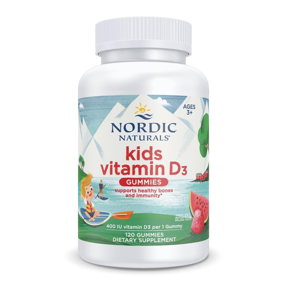 Naturales nórdicos Vitamina D3 Gummies Niños, Salpicadura de sandía silvestre - 120 Gummies - 400 UI Vitamina D3 - Bone Health, Healthy Immunity - Non-GMO, Vegetarian - 120 Servimientos