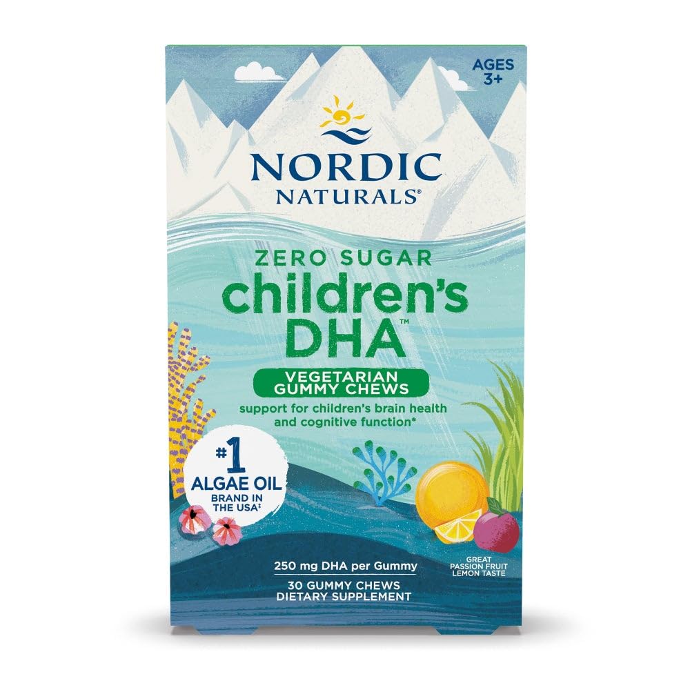 Nordic Naturals Zero Sugar Children’s DHA Vegetarian Gummy Chews - Passion Fruit Lemon Flavor - 30 Gummies - Vegan Algae Oil Omega-3 Suplemento para Kids Brain & Cognition Support - 30 Servings
