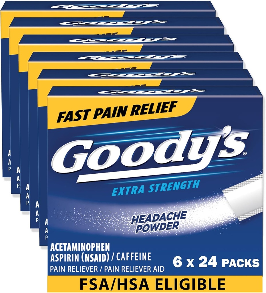Goody's Headache Powder Extra Strength Pain Relief, Triple Action Headache Relief with Aspirin, Acetaminophen &amp; Caffeine, 24 Count, Pack of 6