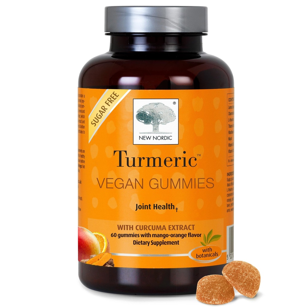 NUEVO NORDIC Turmeric Curcumin Gummies, Sugar Gratis, 300 mg Suplemento Turmérico para Hombres y Mujeres, Apoyos Normalmente Funcionamiento Juntas, Mangos, Hombros, Mango Orange, 60 Condes